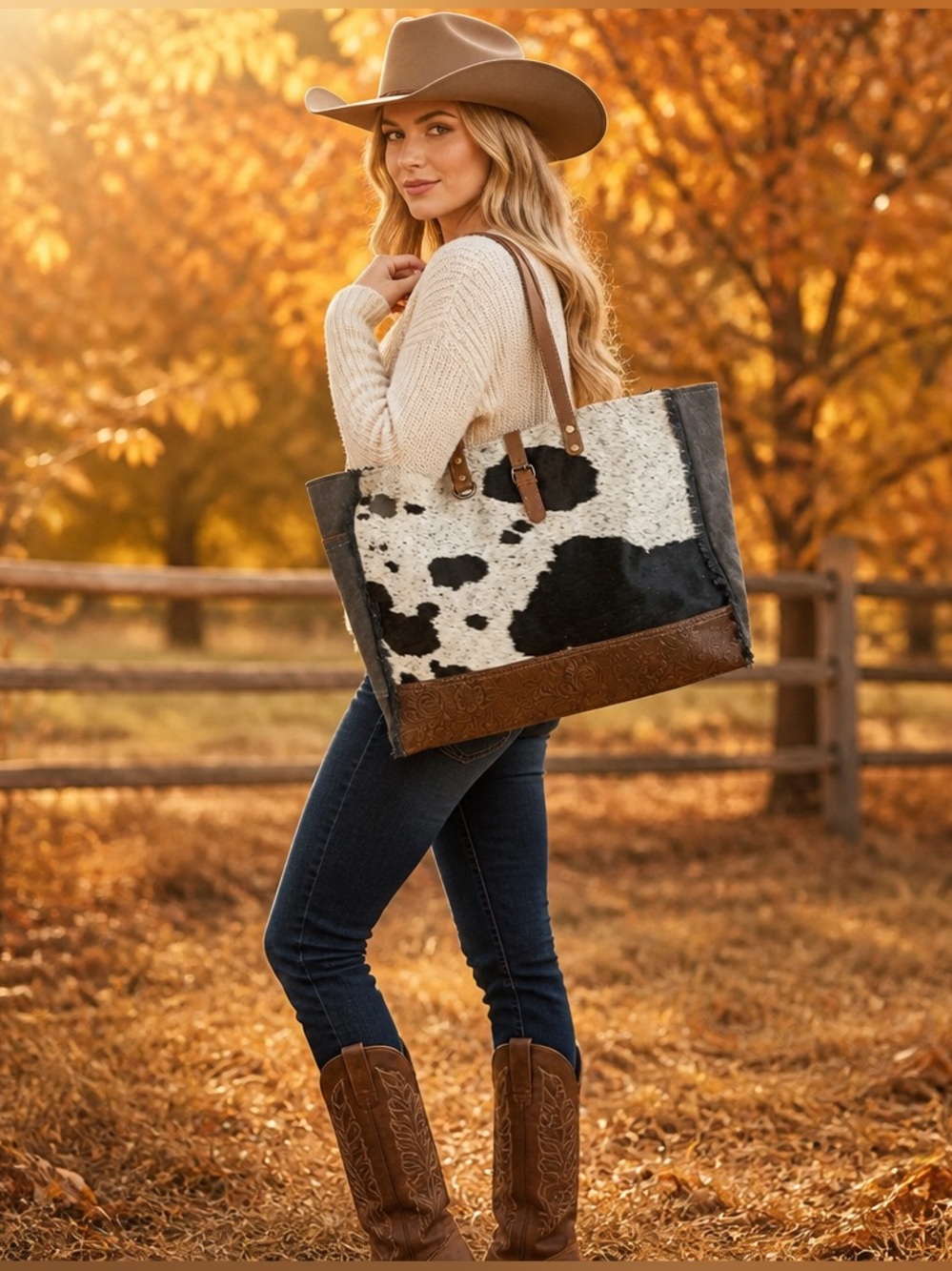 New Myra Western Cowhide Weekender Bag Leather Duffel Travel Carry-On Boho - Picture 3 of 11